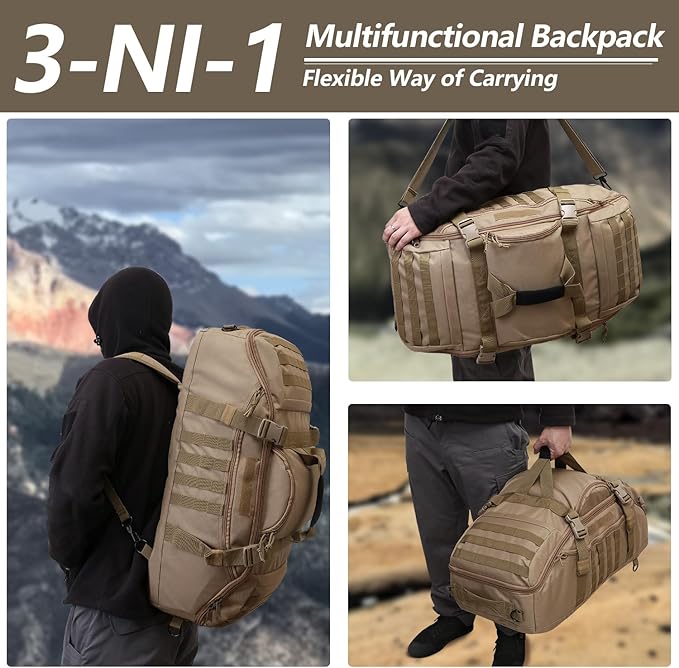 65L Large Duffle Bag, 3-in-1 Tactical Backpack MOLLE Pack for Sports, Gym, Outdoor, Coyote-GravixFit