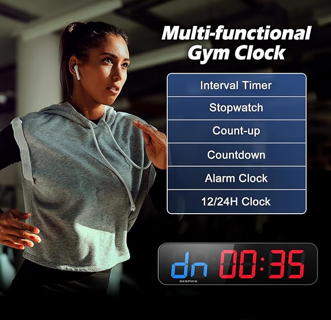 15.2" Gym Timer, App & Remote Control, Customizable LED Colors, Workout Interval Timer Stopwatch Countdown Large Digital Wall Clock for Home Gym-GravixFit