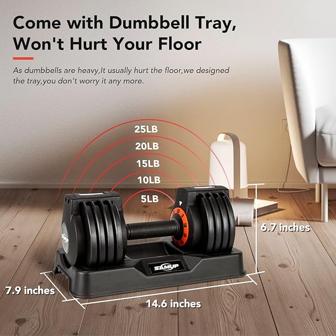 25/55 lbs Pair Adjustable Dumbbells Set, Adjustable Weights Dumbbells Set for Men and Women with Anti-Slip Fast Adjust Weight by Turning Handle,Black Dumbbell with Tray-GravixFit