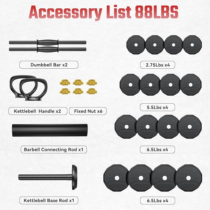 FEIERDUN Adjustable Dumbbells, 40/48/68/88lbs Free Weight Set with 4 Modes, Used as Barbell, Kettlebells, Push up Stand, Fitness Exercises for Home Gym Suitable Men/Women-GravixFit