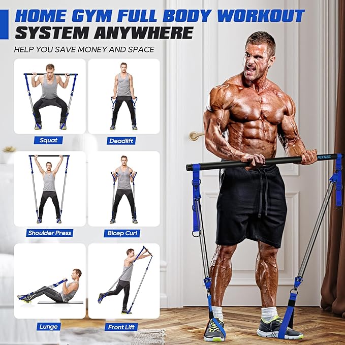 Pilates Bar Kit with Resistance Bands, Heavy Duty Pilates Equipment for Men, Strength Training Bar for Legs, Hip, Back, Arm, Abs, Chest, Shoulders, Portable Home Gym Full Body Workout Equipment-GravixFit