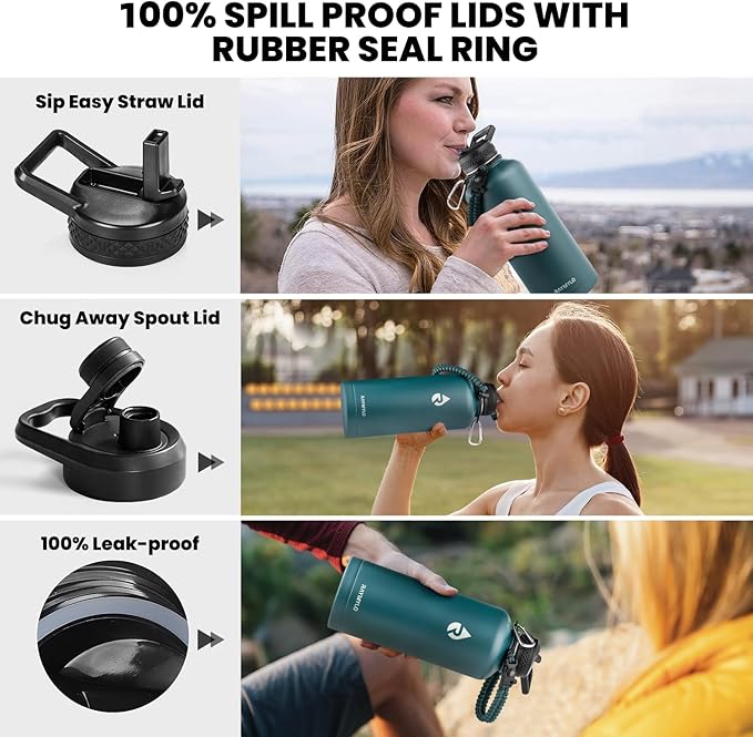 Insulated Water Bottle 87 oz, Triple Wall Vacuum Stainless Steel (Cold for 48 Hrs), Leak Proof & Non-BPA, Modern Water Flask Jug with Paracord Handle & Straw Spout Lids, Dark Green-GravixFit