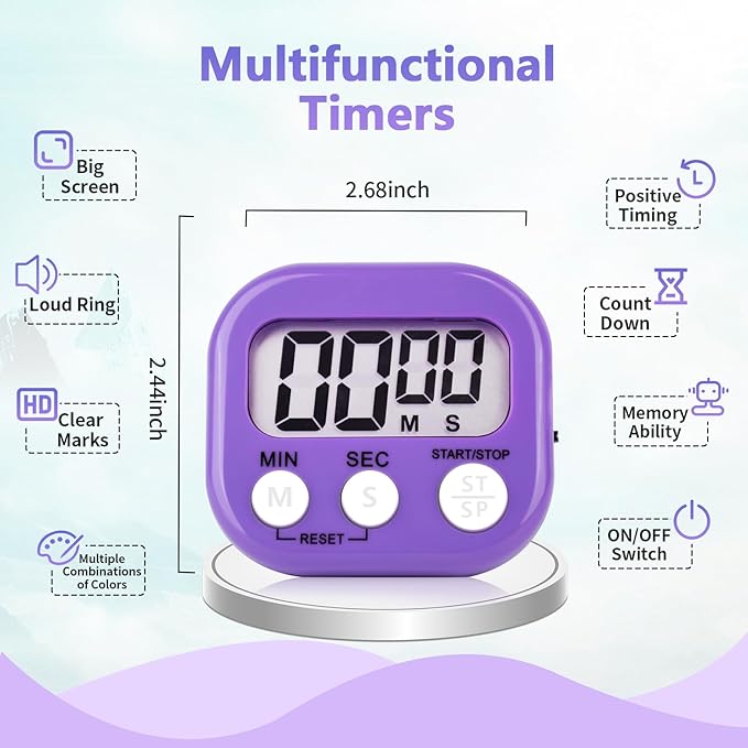 12 Pack Digital Kitchen Timer Magnetic Digital Timer with Big Display Loud Ring Cooking Timers for Kitchen Electronic Timer for Cooking, Bathing, Gym, Break Time, Classroom(12,White,Blue,Purple)-GravixFit