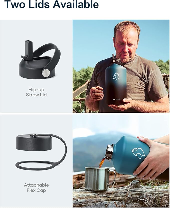 BUZIO 1 Gallon Water Bottle Insulated with Straw Lid, 128oz Large Water Jug Stainless Steel Metal Vacuum Water Flask Leak Proof 18/8 Food Grade Thermo Mug Keep Cold 48H & Hot 24H, Indigo Crush-GravixFit