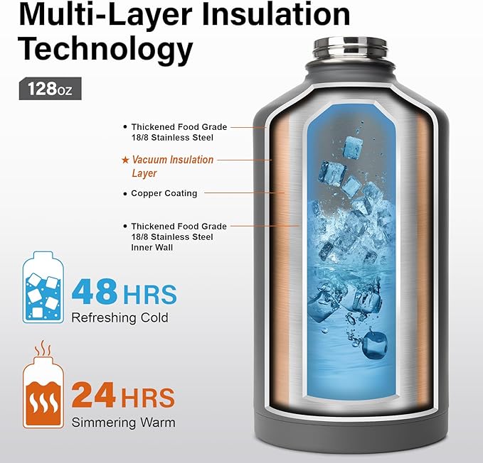 1 Gallon Water Bottle Insulated | Thickened Stainless Steel Vacuum Metal Water Jug | Portable Sports Large for Gym and Hiking with Straw, Carrier Bag, Handle Strap | BPA-Free 128 oz-GravixFit