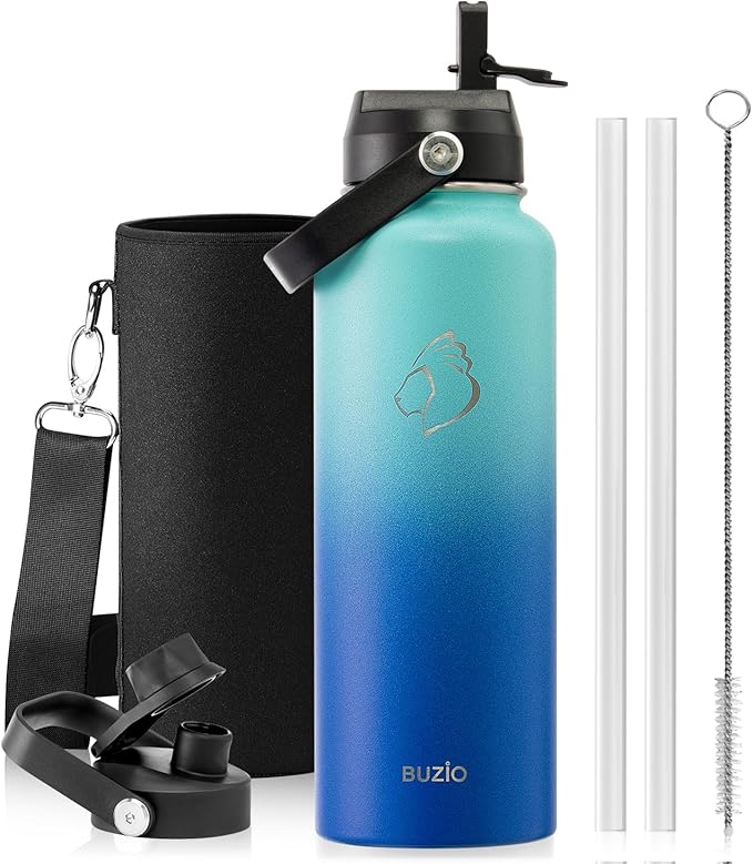 BUZIO Double Wall Stainless Steel Sports Wide Mouth Water Bottle, BPA-Free Flex Cap and Straw Lid, 40 Ounces & 32 Ounces Water Bottle, Sea Breeze-GravixFit