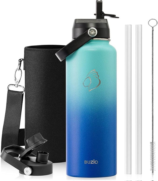 BUZIO Double Wall Stainless Steel Sports Wide Mouth Water Bottle, BPA-Free Flex Cap and Straw Lid, 40 Ounces & 32 Ounces Water Bottle, Sea Breeze-GravixFit