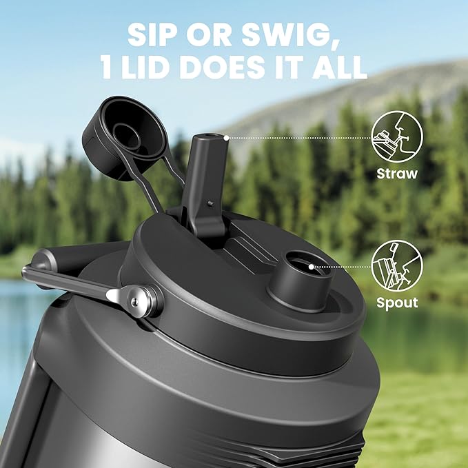 Meoky 1 Gallon Insulated Water Bottle for Travel 128 oz Triple Wall Vacuum Stainless Steel Water Jug - Top and Side Handles, Cold for 48 Hrs, 2-in-1 Straw and Spout Lid, Leak Proof for Work (Silver)-GravixFit