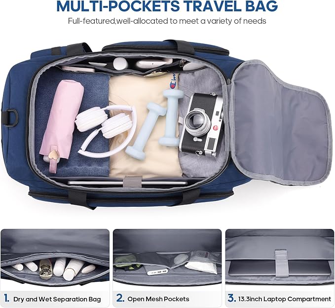 Gym Bag for Men and Women with Shoe & Laptop Compartment, 3-in-1 Sports Travel Duffel Bag Anti-Theft Weekender Carry-On Backpack for Airplane & Workout, Overnight Travel Bag,35L (Blue, Medium)-GravixFit