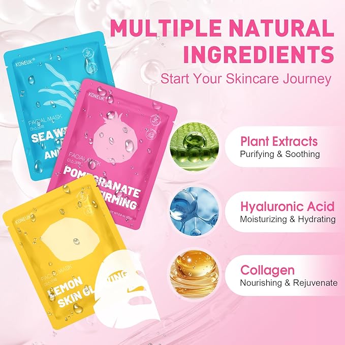 12 Pack Collagen Hydrating Face Masks Skincare, Sheet Face Mask for All Skin Types, Facial Masks Set for Women Skin Care, Face Mask Bulk Spa Gifts for Women-GravixFit