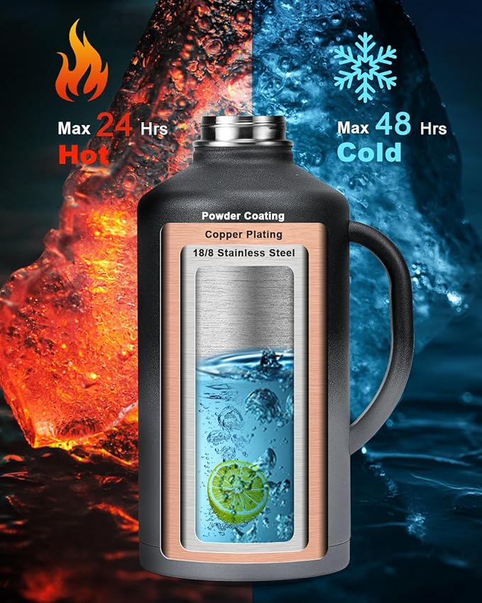 128 oz Insulated Water Bottle with Straw and Lid, One Gallon Stainless Steel Cup with Handle,Leakproof Metal Travel Jug Flask Mug Tumbler Cup With Carry Pouch and Brush,Keep Cold & Hot,Grey-GravixFit