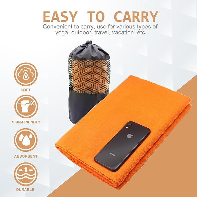Eunzel Yoga Towel,Hot Yoga Mat Towel with Grip Dots Sweat Absorbent Non-Slip for Hot Yoga, Pilates and Workout 24" x72", Orange-GravixFit