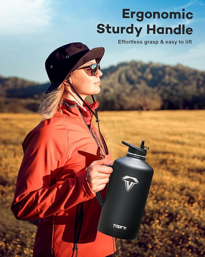 128 oz Insulated Water Bottle with Straw and Lid, One Gallon Stainless Steel Cup with Handle,Leakproof Metal Travel Jug Flask Mug Tumbler Cup With Carry Pouch and Brush,Keep Cold & Hot,Black-GravixFit