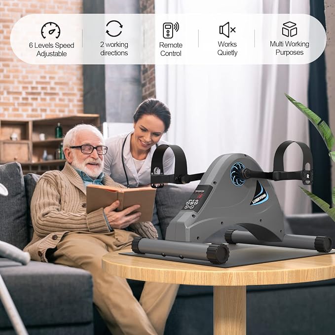 Motorized Mini Exercise Bike Pedal Exerciser for Seniors Rehab Training, LUBBYGIM Electric Under Desk Bike Pedal Exerciser for Arm/Leg Fitness & Physical Therapy, 6 Levels Speed Adjustment