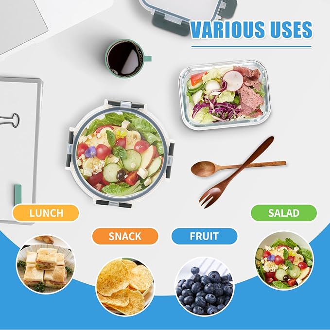 12 Pack Glass Food Storage Containers with Airtight Lids for Meal Prep, Leftover, BPA-Free, Leak-Proof, Freezer to Microwave Safe (12 Lids & 12 Containers)-GravixFit