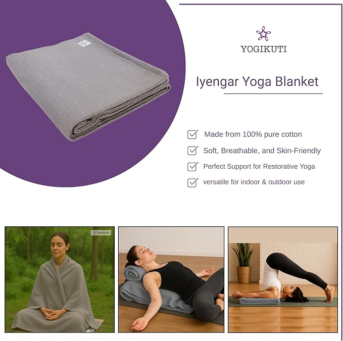 Yogikuti Iyengar Cotton Yoga Blanket Set of One – Thick Handwoven Yoga Blankets for Restorative Yoga, Meditation & Pranayama – Premium Cotton Yoga Blanket for Support & Comfort in Pranayama (Gray)-GravixFit