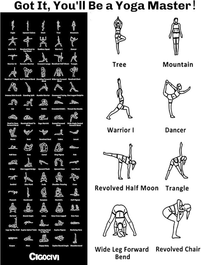 Instructional Travel Yoga Mat with 75 Poses & Exercises - Non-slip Exercise Mat for Home Workout, Includes Carrying Bag - Perfect for Beginners, 68"x24"x0.25"-GravixFit
