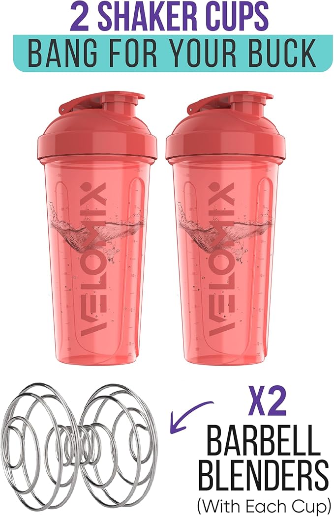 '-2 Pack- 28 oz Protein Shaker Bottles for Protein Mixes - 2x Wire Whisk | Leak Proof Shaker Cups for Protein Shakes | Protein Shaker Bottle Pack (Pink Set)-GravixFit