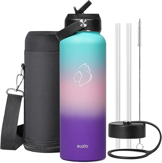 BUZIO 40oz Insulated Water Bottle, Stainless Steel Double Wall Water Flask (Cold for 48 Hrs) Leak Proof Sports Bottles Jug with Straw Lid and Flex Cap Metal Canteen for Gym Travel Camping, Hydrangea-GravixFit