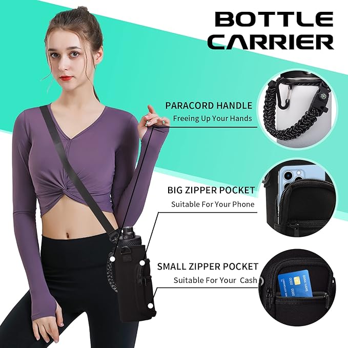 Stainless Steel Water Bottle 40oz with Straw & Auto Spout Lids, Paracord Handle, Insulated Water Flask Carrier Bag & Protective Boot, Thermo Bottle Mug Metal Canteen Keep Cold-48H & Hot-24H-GravixFit