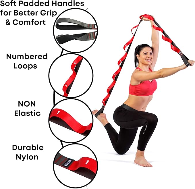 Stretching Strap with Loops - Non Elastic Stretch Band for Physical Therapy, Yoga Strap for Stretching Equipment, Stretch Bands for Exercise and Flexibility - Fascia, Hamstring & Leg Stretcher Belt-GravixFit
