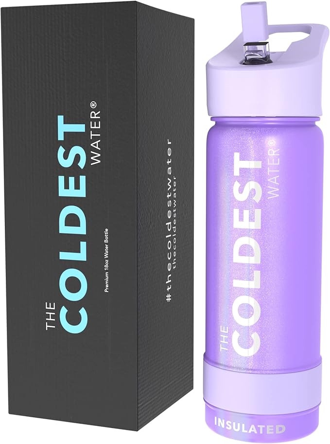 Coldest Insulated Water Bottle with Straw Lid - Stainless Steel Metal Insulated Bottle for Men & Women (Saturn's Moon Purple Glitter, 18 oz)-GravixFit
