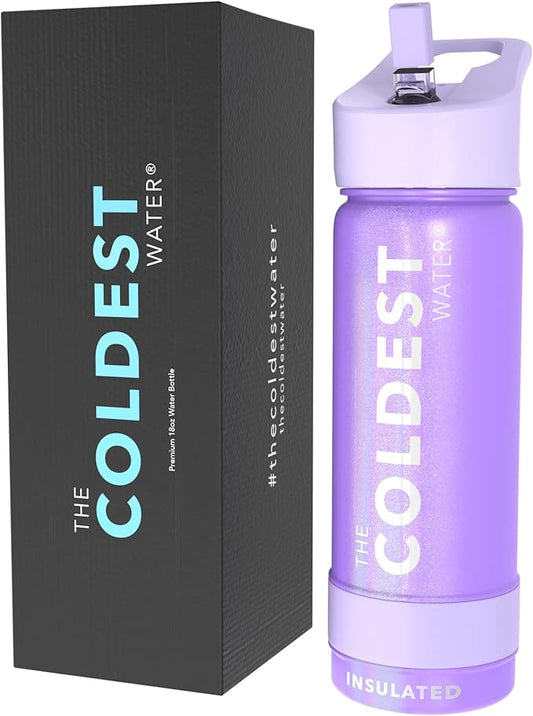 Coldest Insulated Water Bottle with Straw Lid - Stainless Steel Metal Insulated Bottle for Men & Women (Saturn's Moon Purple Glitter, 18 oz)-GravixFit