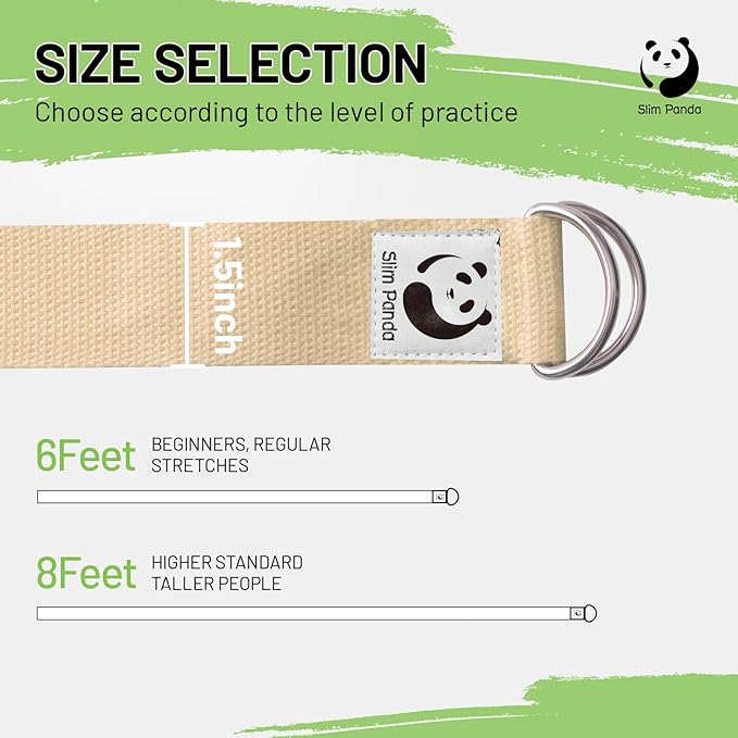 Slim Panda Yoga Strap for Stretching,Cotton Yoga Strap with Adjustable D-Ring Buckle,Non-Elastic Yoga Belt for Pilates,Gym Workouts,Physical Therapy,Improve Flexibility-GravixFit