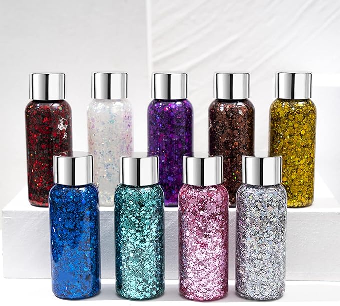 MAEPEOR Chunky Face Body Glitter Gel 19 Colors Mermaid Sequins Holographic Body Glitter Gel Long-Lasting Festival Makeup Glitter Paint for Face Body Hair Nails (30g, 01 Silver)-GravixFit