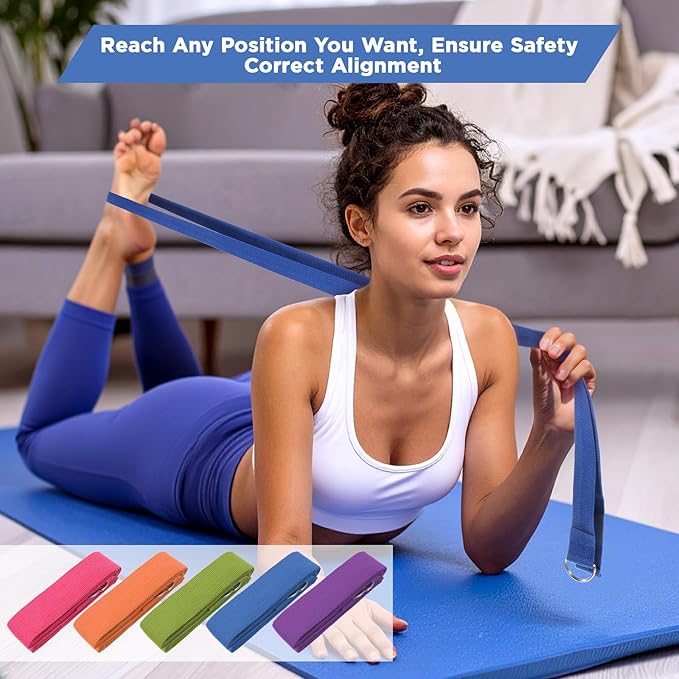 10 Pcs Yoga Strap 8ft Yoga Stretching Exercise Band Stretching Belt with Adjustable Metal D Ring Buckle Loop for Pilates, Dance, Physical Therapy, Gym Workout-GravixFit