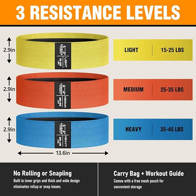 Fabric Resistance Bands for Working Out - Exercise Bands for Women and Men, Booty Bands for Legs and Glute, Yoga, Pilates, Rehab, Fitness and Home Workout-GravixFit