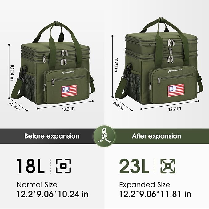 Maelstrom Tactical Lunch Box for Men, 23L Insulated Lunch Bag, Expandable Double Deck Cooler Bag, Lightweight Leakproof Tote Bag With Side Tissue Pocket, Suit For Men and Women, Army Green-GravixFit