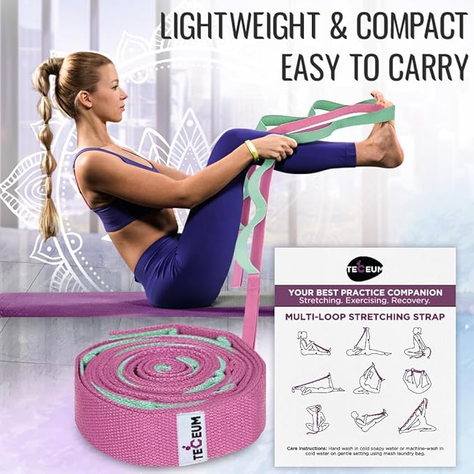 TECEUM Stretching Strap for Yoga & Physical Therapy – 10 Loops – Non-Elastic Leg Stretch Straps for Stretching, Exercising, Pilates, Post-Injury Rehabilitation for All Levels – Men & Women-GravixFit