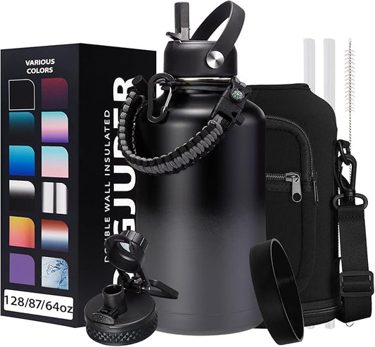 Half Gallon Insulated Water Bottle - with Straw & Spout Lid, Paracord Handle & Carrier Bag, Protective Cup Mat, 64oz Vacuum Stainless Steel Water Bottle, Metal Vacuum Flasks Keep Cold 48h Hot 24h-GravixFit