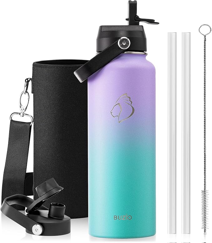BUZIO 40oz Insulated Water Bottle, Stainless Steel Double Wall Water Flask (Cold for 48 Hrs) Leak Proof Sports Bottles Jug with Straw Lid Flex Cap Metal Canteen for Gym Travel Camping,Purple Green-GravixFit