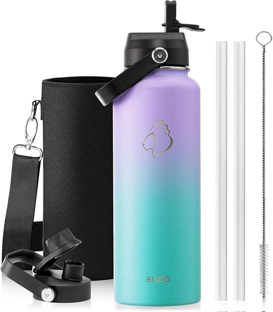 BUZIO 40oz Insulated Water Bottle, Stainless Steel Double Wall Water Flask (Cold for 48 Hrs) Leak Proof Sports Bottles Jug with Straw Lid Flex Cap Metal Canteen for Gym Travel Camping,Purple Green-GravixFit