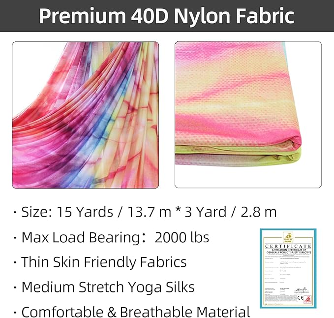 PRIOR FITNESS Aerial Silks Kit Colorful 9/15/20 Yards 40D Nylon Fabric Hammock Set With Hardware & Guide for All Levels Of Aerial Yoga Practice and Acrobatic Flying For Adults Aerial silk-GravixFit