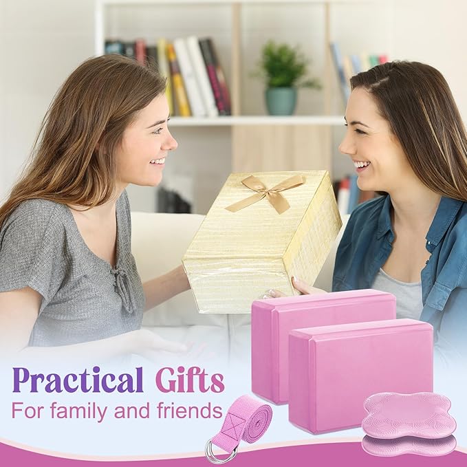 5 Pcs Yoga Blocks Knee Pads Yoga Strap Set Soft Premium Foam Blocks Accessories for Pilates Meditation General Fitness Stability, Kneeling, Balance, Deepen Stretches and Toning-GravixFit