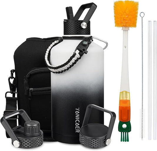 Insulated Water Bottle 64oz,Triple Wall Vacuum Stainless Steel(Dishwasher Safe),Leak Proof & Non-BPA,Flask Jug with Paracord Handle & Straw Spout Lids Sports-GravixFit