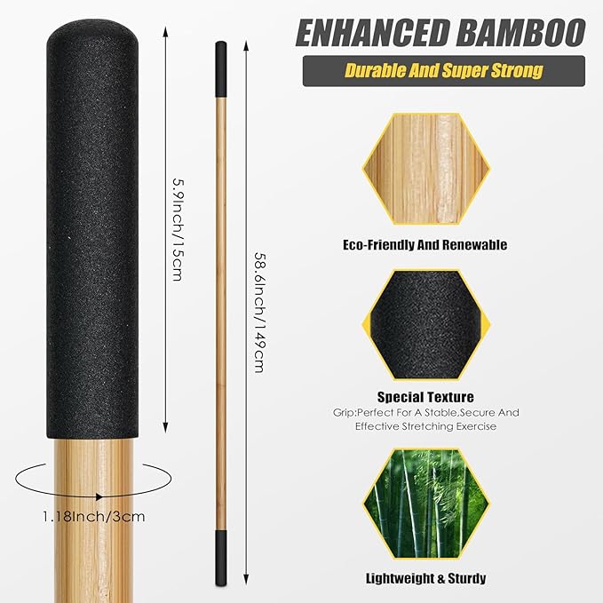Bamboo Stretch Yoga Stick, 5ft/149 cm, Flexibility Stick for Physical Therapy, Premium Yoga Dowel with Super Sturdy Rubber Handle Ends, Exercise Bar for Posture Corrector-GravixFit
