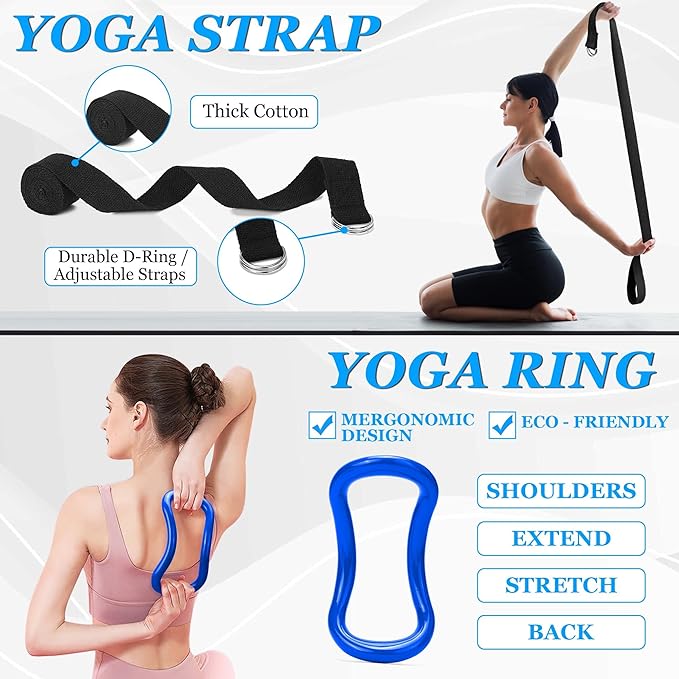 Yoga Wheel Set, Wheel Foam Roller with Back Cracker Roller for Pain Relief & Deep Tissue Massage and Stretching 500lbs Capacity, Trigger Point Therapy Massage Ball, Yoga Blocks 2 Pack with Strap-GravixFit