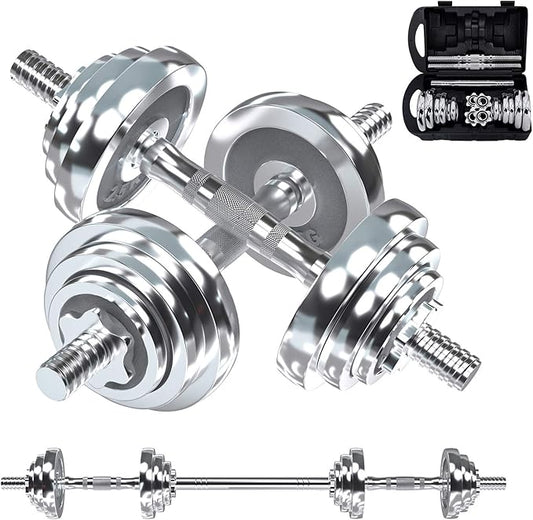VIVITORY Fitness Dumbbells Set, Adjustable Weight Sets up to 11/22/44/66/110 lbs, with Metal Connecting Rod Used As Barbell, Chromed Weights, Hardcover Gift Box, Home Gym Work Out Training Equipment-GravixFit