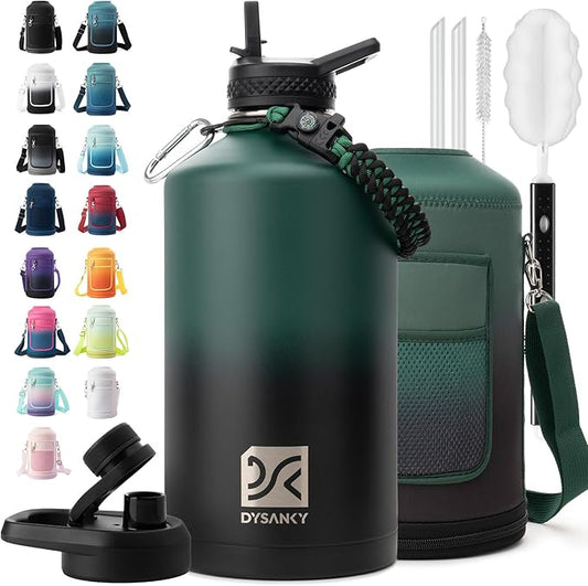 1 Gallon Water Bottle Insulated | Thickened Stainless Steel Vacuum Metal Water Jug | Portable Sports Large for Gym and Hiking with Straw, Carrier Bag, Handle Strap | BPA-Free 128 oz-GravixFit