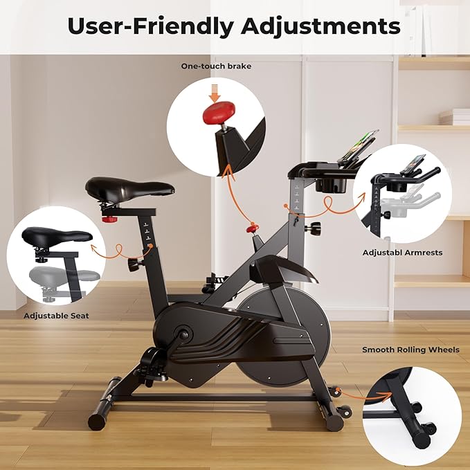 Superun Exercise Bike, Stationary Bikes for Home with Brake Pad, Low Noise Indoor Cycling Bike with 300LBS Weight Capacity, Workout Bike for Home Gym with Pad Mount LCD Monitor and Cup Holder