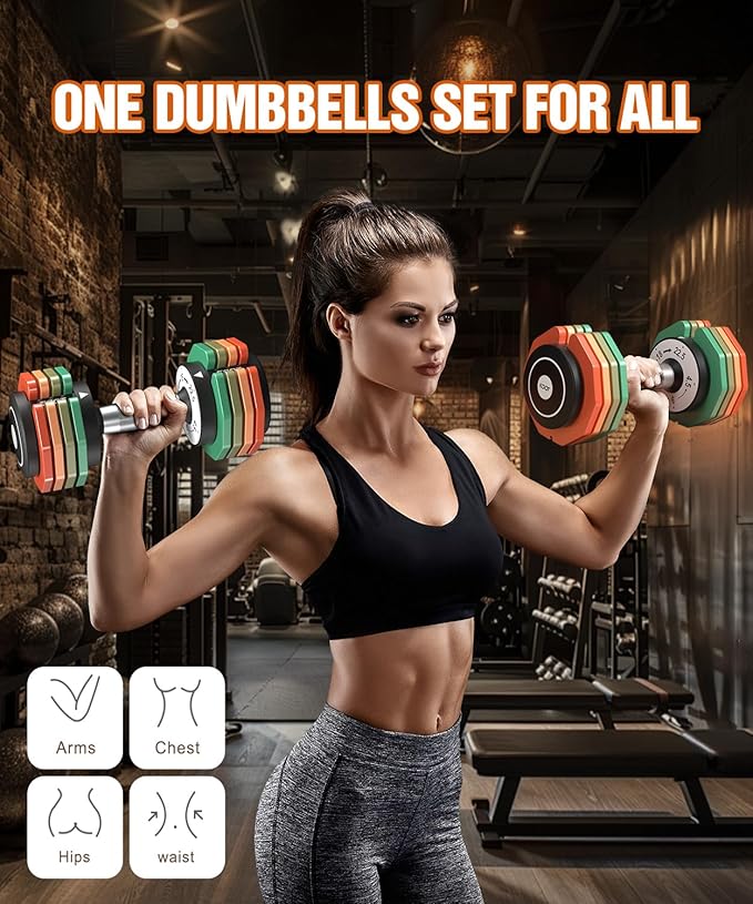 Adjustable Dumbbells Set/Single, 12.5LB/22.5LB/55LB 5 in 1 Free Adjustable Dumbbell Set with Anti-Slip Handle & Rainbow-colored Weight Plates for Home Gym, Weight Set for Women Men-GravixFit