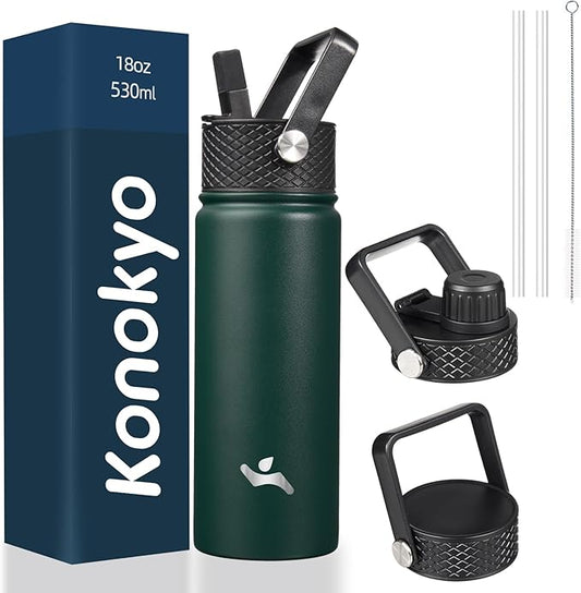 18 oz Insulated Water Bottle Stainless Steel Sport Bottles with 3 Lids,Army Green-GravixFit