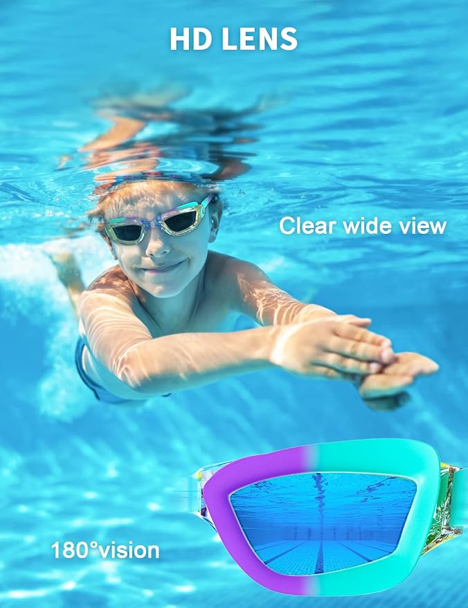 Kids Swim Goggles, Swimming Goggles for Kids with Nose Clip, Earplugs, Nose Bridge for Age 3-15