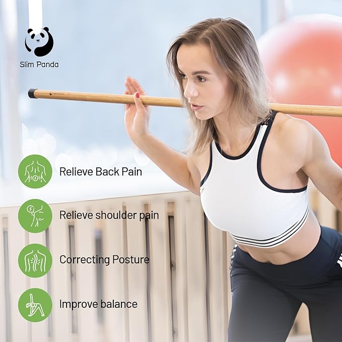 Slim Panda Yoga Stick, 5ft Natural Bamboo Stick with Rubber Ends, Exercise Stretching Stick for Yoga, Stretching, Balance and Correcting Posture, Rehabilitation Physical Therapy Aids-GravixFit