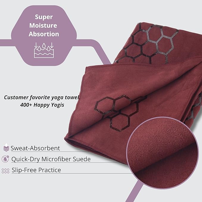 Clever Yoga Non-Slip Hot Yoga Towel – Non-Slip Grip for Hot Yoga, Sweat Absorbent, Honeycomb Silicone Grip, Stays Flat – Ideal for Pilates, Travel, Washable & Lightweight - Burgundy-GravixFit
