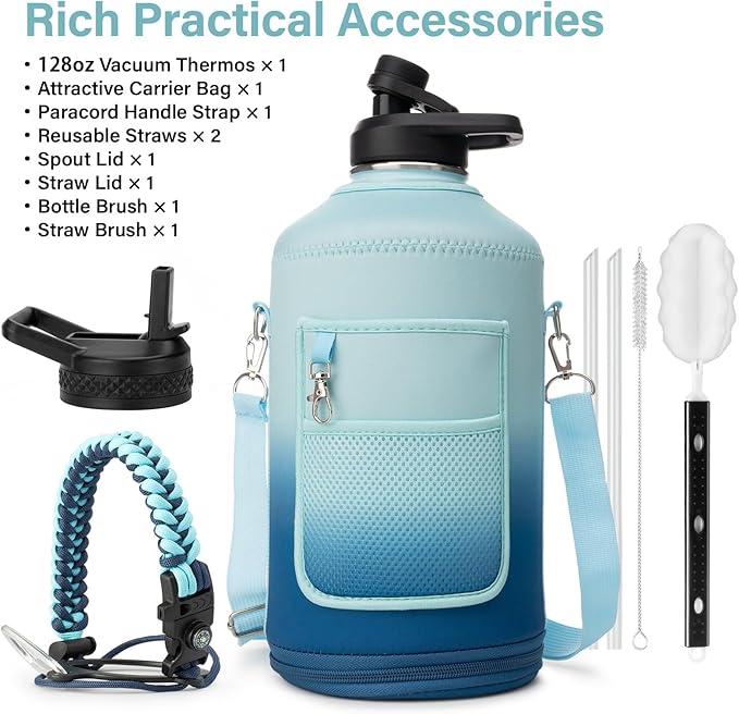 1 Gallon Water Bottle Insulated | Thickened Stainless Steel Vacuum Metal Water Jug | Portable Sports Large for Gym and Hiking with Straw, Carrier Bag, Handle Strap | BPA-Free 128 oz-GravixFit